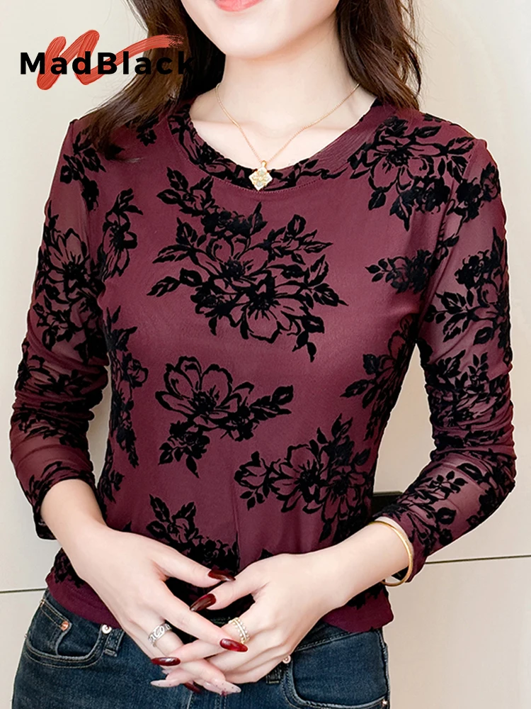 

Женская футболка MadBlack, европейский стиль, сексуальный принт с круглым вырезом, уличная одежда, длинный рукав, облегающая, размеры S-3XL, сетчатая футболка, новинка весны 2026, T61364CC