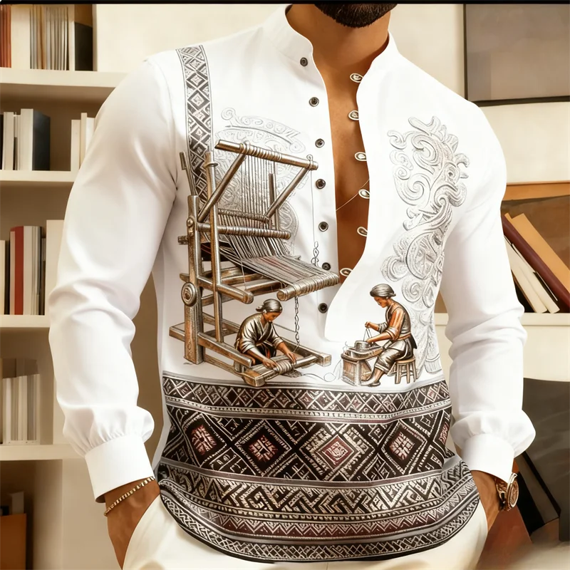 男性の伝統的な民族衣装のシャツ |   3D織りアートプリント |   中国風の立ち襟長袖 |   お祭り/オフィス文化 フォーマル/カジュアル