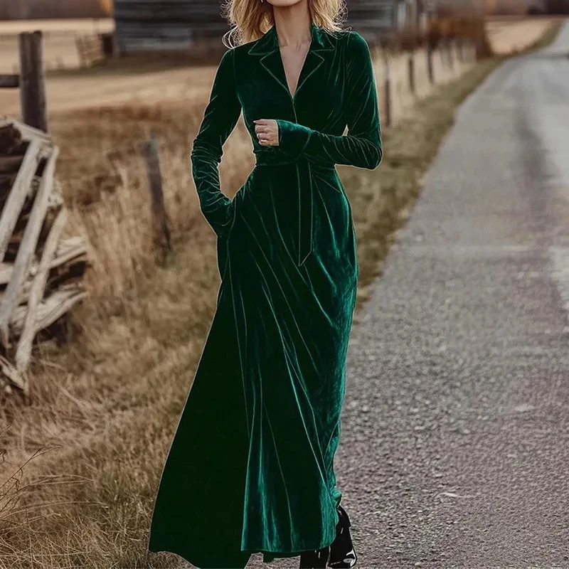 

2025 New Dark Green Lapel Long Sleeve Solid Color Long Dress Women Elegant Temperament Fashion Gown