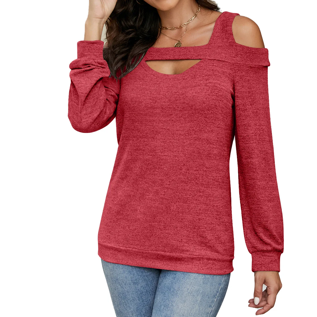 

2025 New Women's T-shirt Off-shoulder Hollow Fashion Temperament Solid Color Top Long-sleeved Loose Tees for Female
