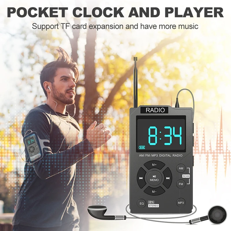 Portable Mini Radio Pocket AM FM Digital Radio Stereo Receiver Auto-Search Channel TF Card MP3 Music Player