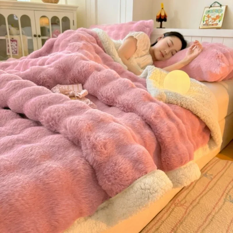 2026 New Style Faux Rabbit Fur Bubble Fleece Lamb Wool Blanket Warm Breathable Throw for Sofa Bed in Cold Autumn and Winter
