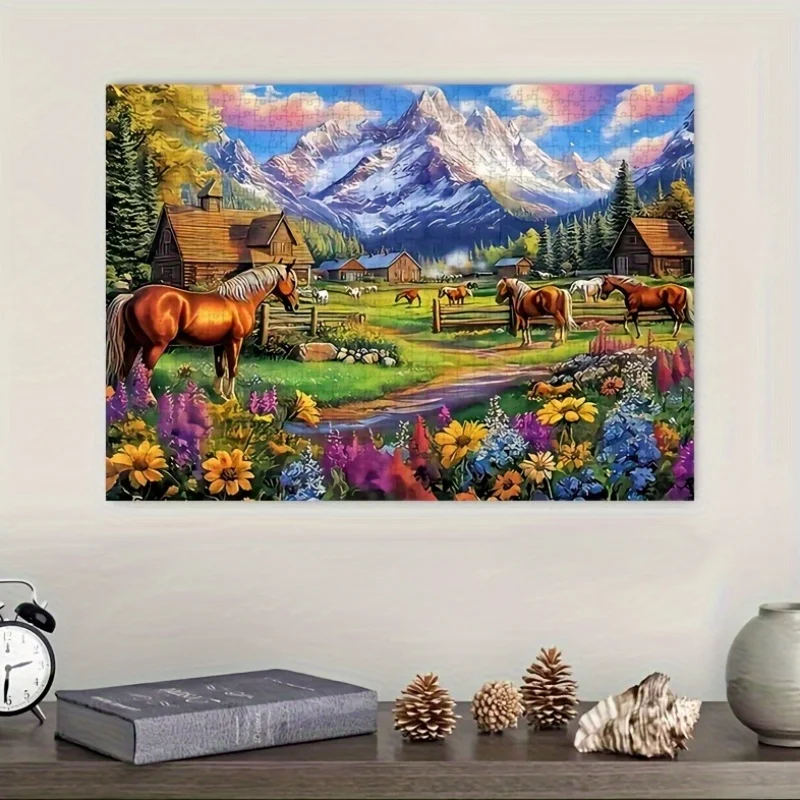 Puzzle a tema cavallo da 1000 pezzi con scena di cavallo, cabina rustica e paesaggio di montagna - Arte fai da te senza cornice adatta per adulti