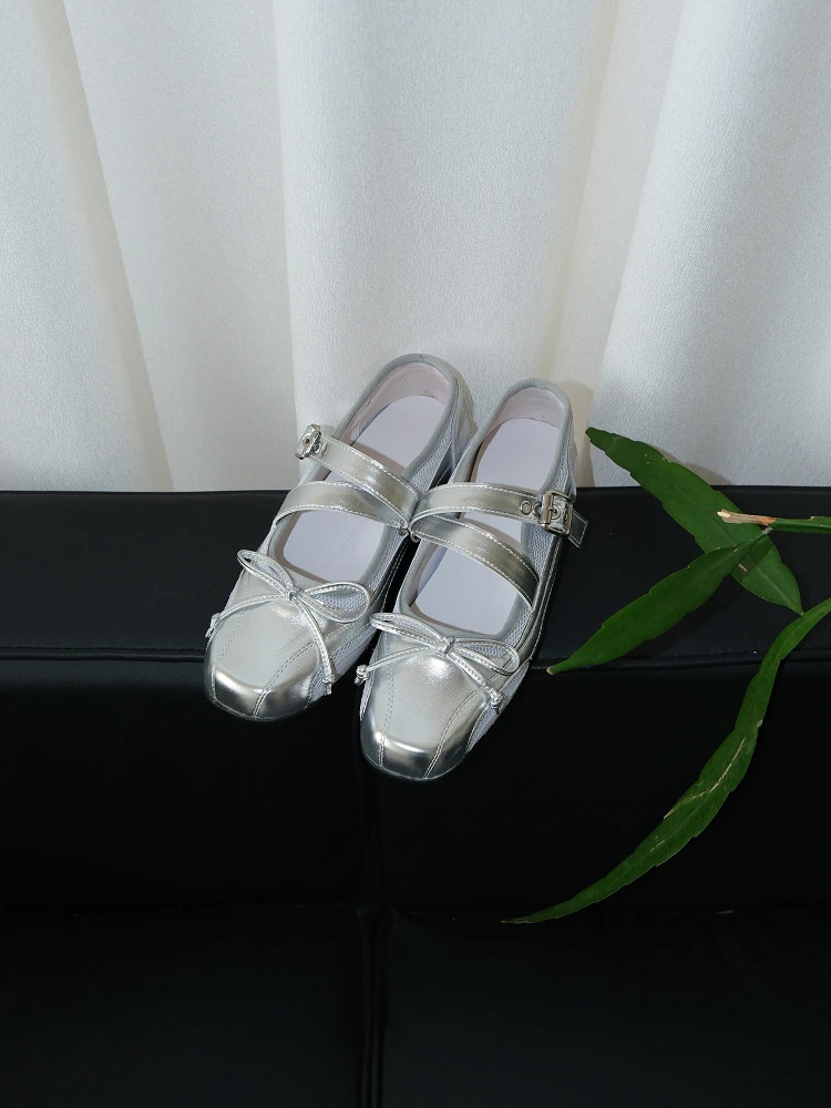 Silver Ballet Flat Shoes Women's Retro Mary Jane Versatile Genuine Leather  Knot Flat Bottom Shoes Korean Style Fashion