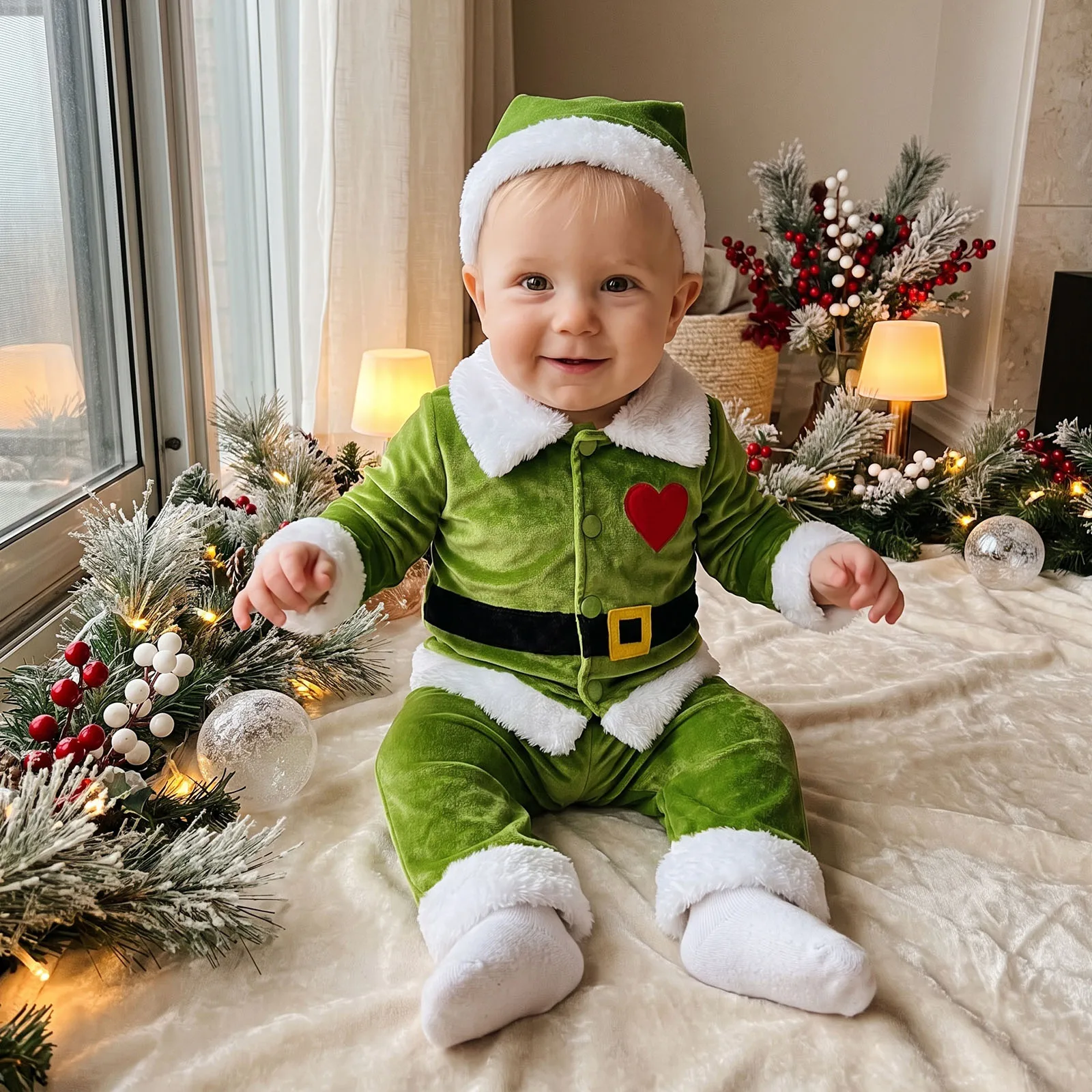 2027 New Years Toddler Baby Christmas Elf Outfit Xmas Warmer Long Sleeve Velvet Tops with Pants Hat Children's Sets