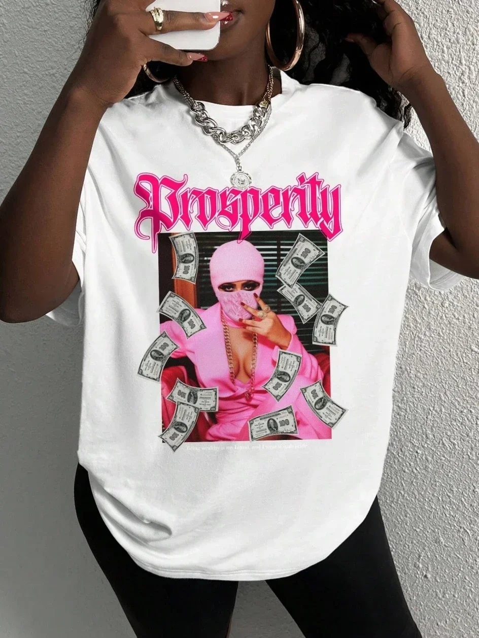 

Women's Cotton Pink T-Shirt with Dollar Letter Print - Casual Loose Summer Tee for Street Style Fashion