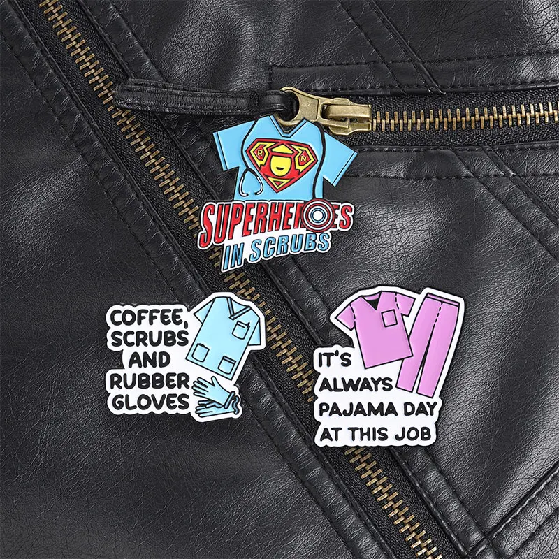 Medical Humor Enamel Pins Pajama Day Scrubs Coffee Rubber Gloves Superhero Quote for Nurses and Doctors Daily Wear
