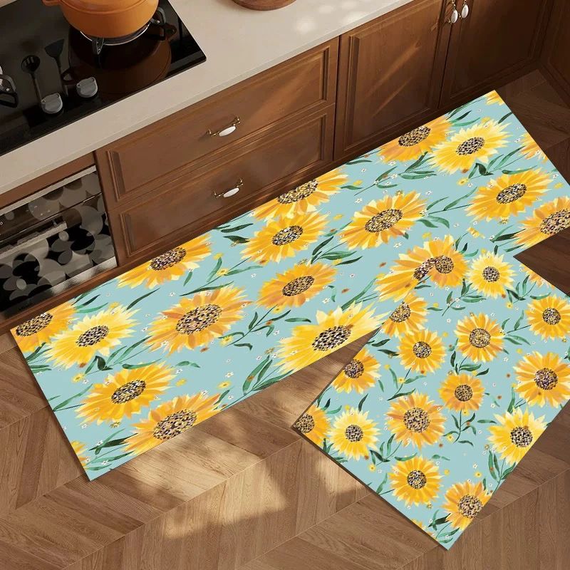 Pastellblaues Sonnenblumen-Küchenläufer-Set Rutschfeste Ölresistente Saugfähige Bodenmatte Frisches Blumenmuster für Heim- und Küchendekoration