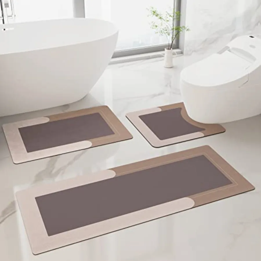 

3PCS Bath Mat Rug Rubber Non Slip Quick Dry Rug Sets Super Absorbent Thin Bathroom Rugs Fit Under Door Washable Bathroom Floor