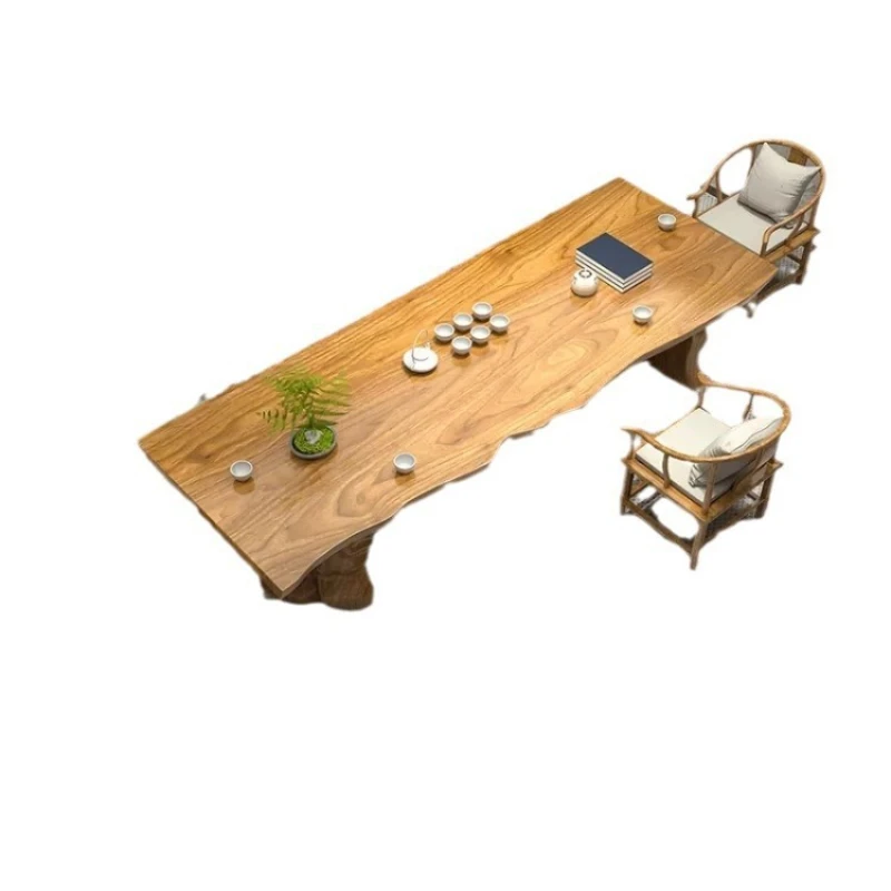 

New Chinese style, office, living room and household, log large board solid wood tea table, tea table and chair combination