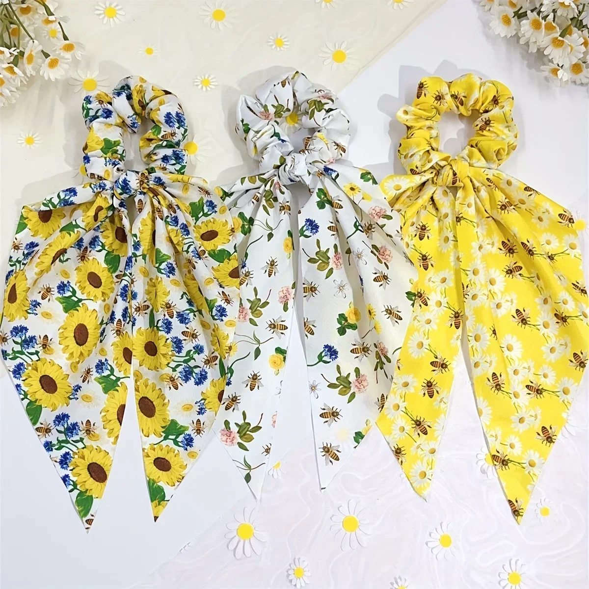 Customization 3pcs Set Of Elegant And Sweet Fabric Hair Ties Featuring Sunflowers, Bees, And Daisies, Perfect For Ponytail Hairs