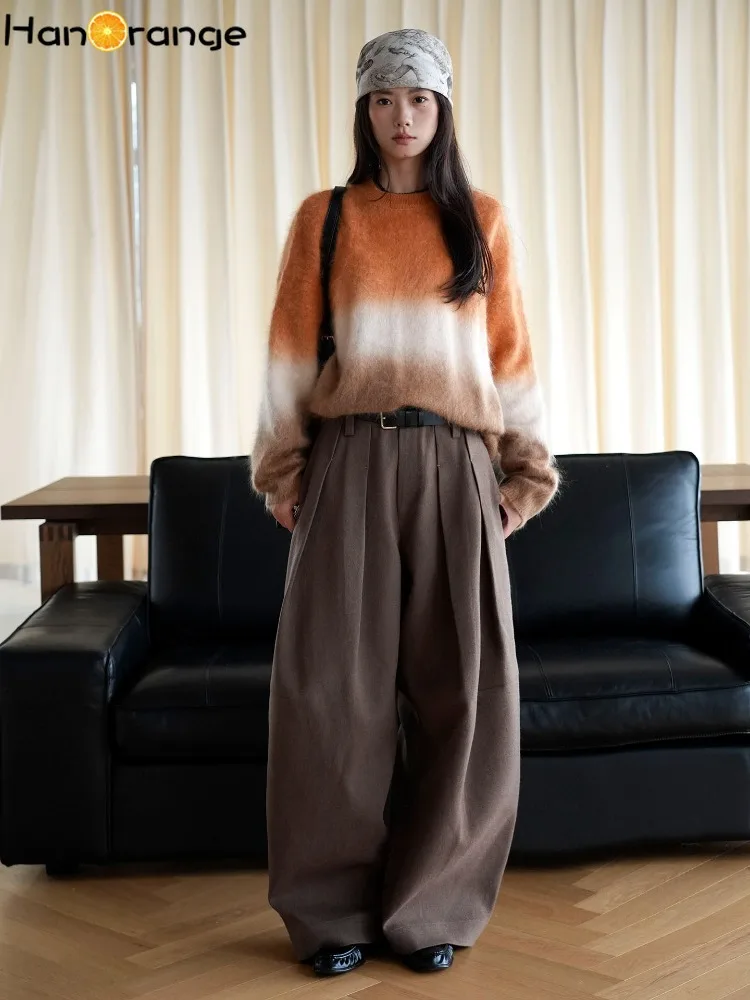 Women High Waist Pleated Wide Leg Suit Pants Autumn Winter Wool Blend Loose Structured Long Trousers Commute Elegant Pants
