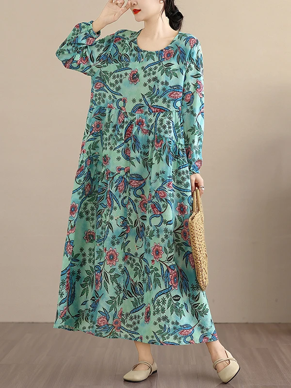 กระโปรงยาวทรงหลวมพิมพ์ลายศิลปะย้อนยุคสำหรับผู้หญิง ฤดูใบไม้ผลิ ฤดูใบไม้ร่วง ผ้าฝ้ายลินิน แต่งลูกไม้ลายดอกไม้