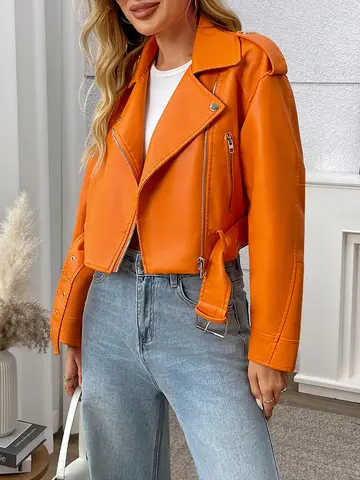 Fitaylor Vår Höst Kvinnor PU Läderjacka Lady Lapel Motorcykel Läder Ytterkläder Casual Orange Kappa 10 best sales orange jacka för kvinnor - №1