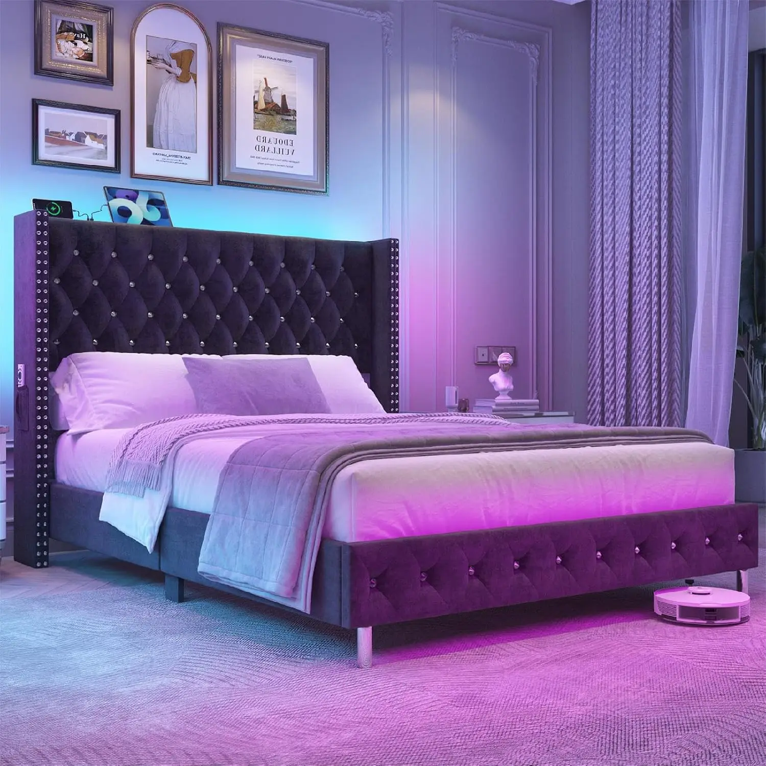 Queen LED Upholstered Bed Frame with Wingback Headboard, Velvet Diamond Button Tufted Bed Frame w/USB&Type-C Ports,, Customized