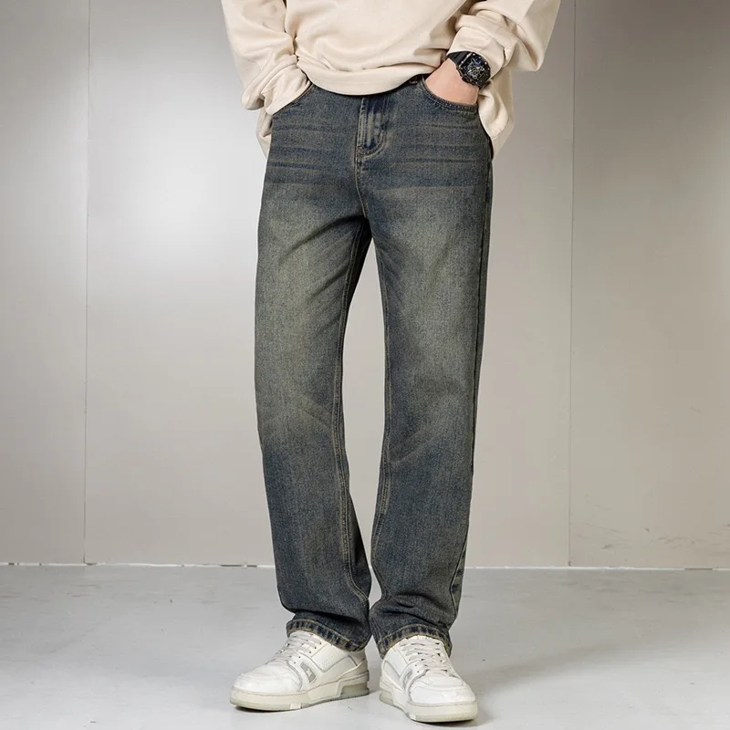 Winter Straight Leg Jeans Men's Solid Color Pleated Texture Made Of Old Cotton High Elastic High Street Denim Pants Zipper 2024