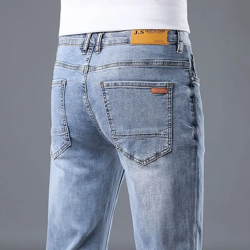 Branded Clothes Cheap Spring Light Blue Jeans Men's Slim Straight Pants Trendy Brand Versatile Korean Elastic Casual Trousers