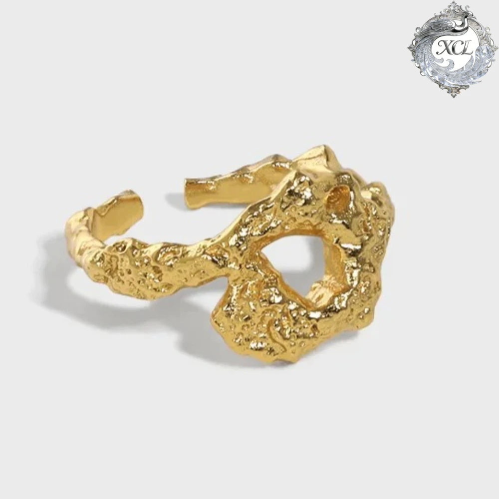 Anillo Abierto Minimalista SHANICE de Plata de Ley SS925 con Textura Irregular de Lava, Estilo Hip Hop, Anillo Ajustable de Gran Apertura