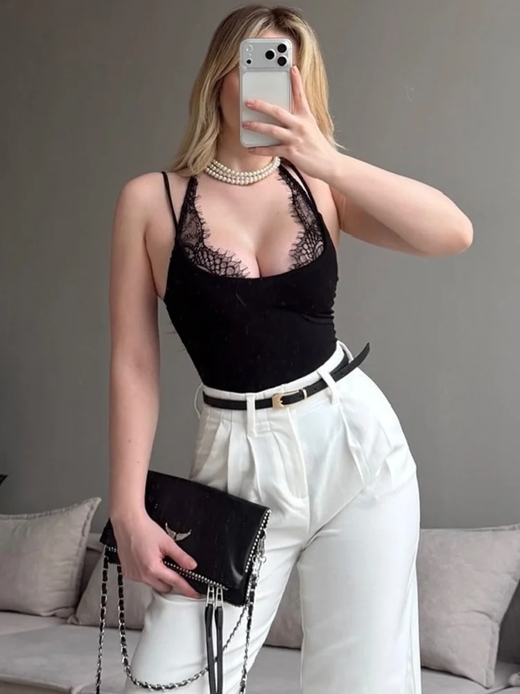 

Tossy Sexy Summer Lace Bodysuits Top For Women Hollow Out Skinny Patchwork See-Through Slim Jumpsuit Female Solid Bodysuits Top