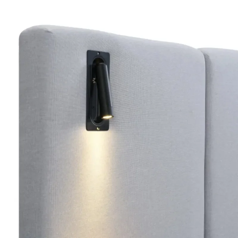 

Modern Queen Size Upholstered Bed with Large Headboard, Wooden Platform Design, Integrated Lighting and Storage Shelves