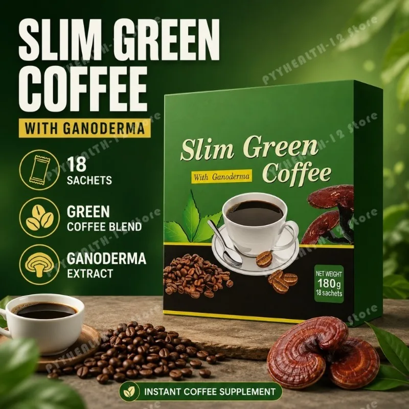 Slim Green Coffee with Ganoderma Extract, Green Coffee Blend Instant Drink Mix, 18 Sachets 180g, Plant-Based Wellness Supplement
