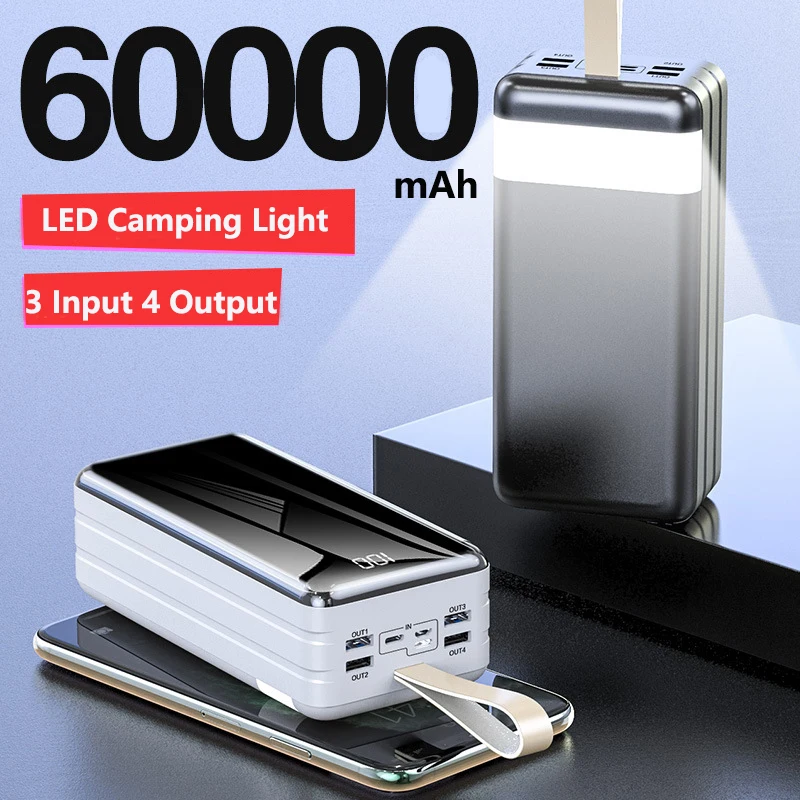 Power Bank 60000mAh Portable Charger External Battery Pack Powerbank 60000 mAh with LED Light for iPhone Huawei Xiaomi Samsung