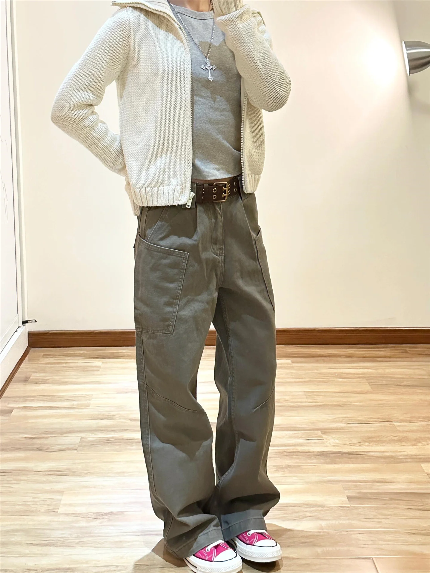 

Американские винтажные джинсы с широкими штанинами в рабочем стиле, женские свободные драпированные брюки прямого кроя удлиненного дизайна