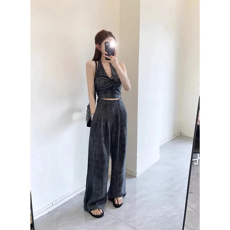 American Sweet and Cool Neck Hanging Vest Short Top Age Reducing Sexy Loose Pants Slimming Women's High-end Matching Set