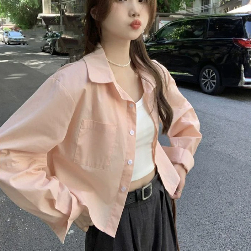 Pink Shirt Women Summer Fashion Casual Long Sleeve Crop Tops Korean Sweet Streetwear Chic Turn Down Collar Pink Blouse New