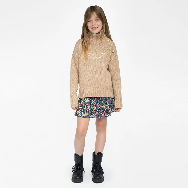 

Women's High Neck Wing Embroidered Sweater Shoulder Button Sweater Date Commuter Female Clothing 2025 Women's New Casual Clothes