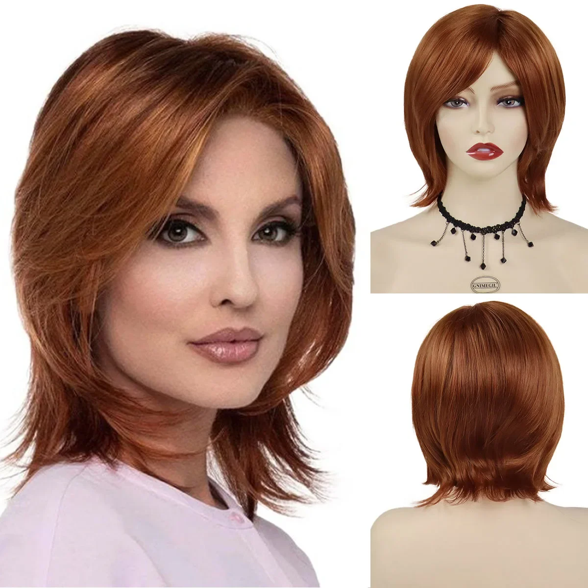 

GNIMEGIL Short Straight Synthetic Wig for Women Auburn Bob Wigs with Bangs Natural Soft Hair Daily Cosplay Party Heat Resistant