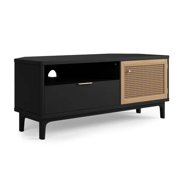 Moderner TV-Ständer für Fernseher bis zu 42 Zoll, Natürliche Rattanfront, Offenes Regal mit Kabelzugang, Elegante TV-Einheit