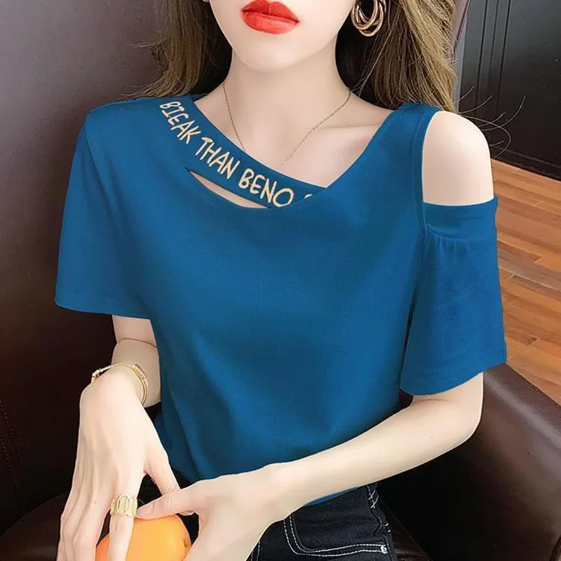 Fashion Skew Collar Spliced Hollow Out Letter Off Shoulder Blouse Female Clothing 2023 Summer New Casual Pullovers Sweet Shirt