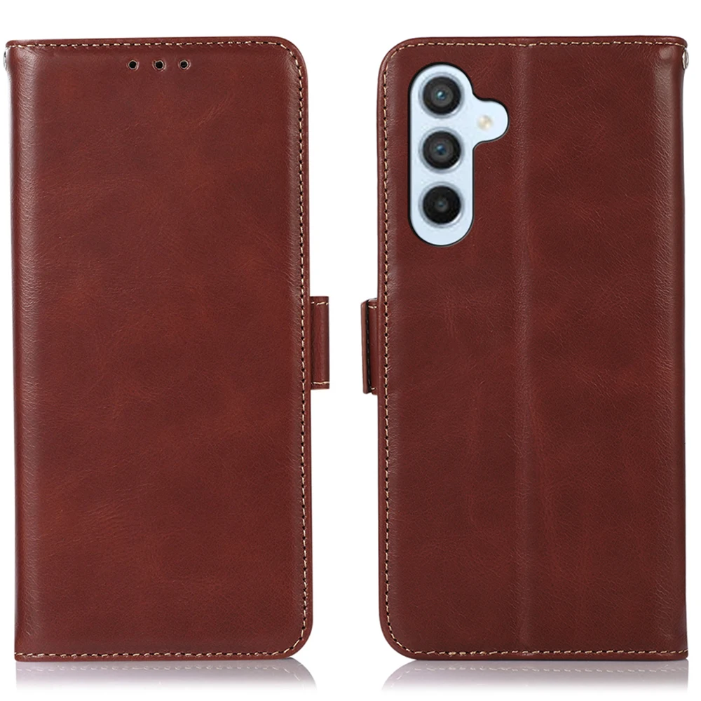 For Samsung Galaxy S25 FE Case RFID Blocking Genuine Cow Leather Wallet Phone Cover - Brown