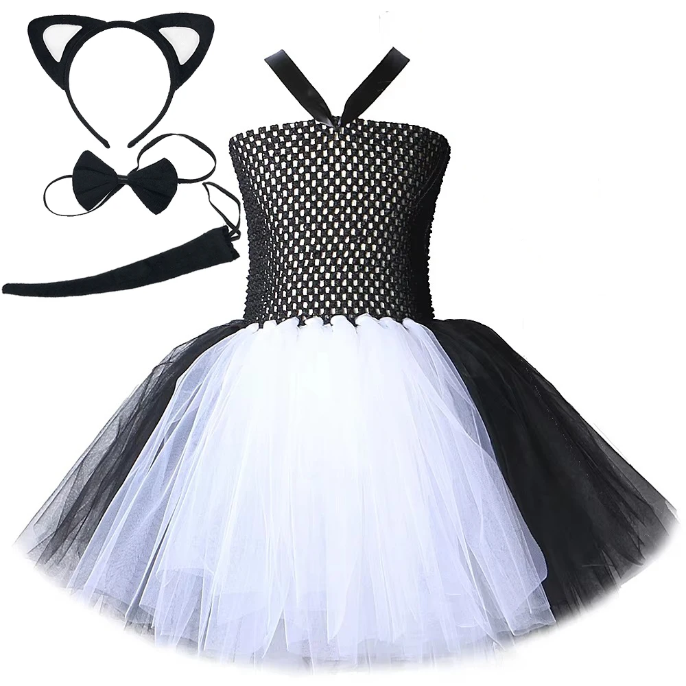 Baby Girls White Black Cat Tutu Dress for Kids Toddler Animal Fancy Outfit Halloween Carnival Costume with Ears Headband Tail