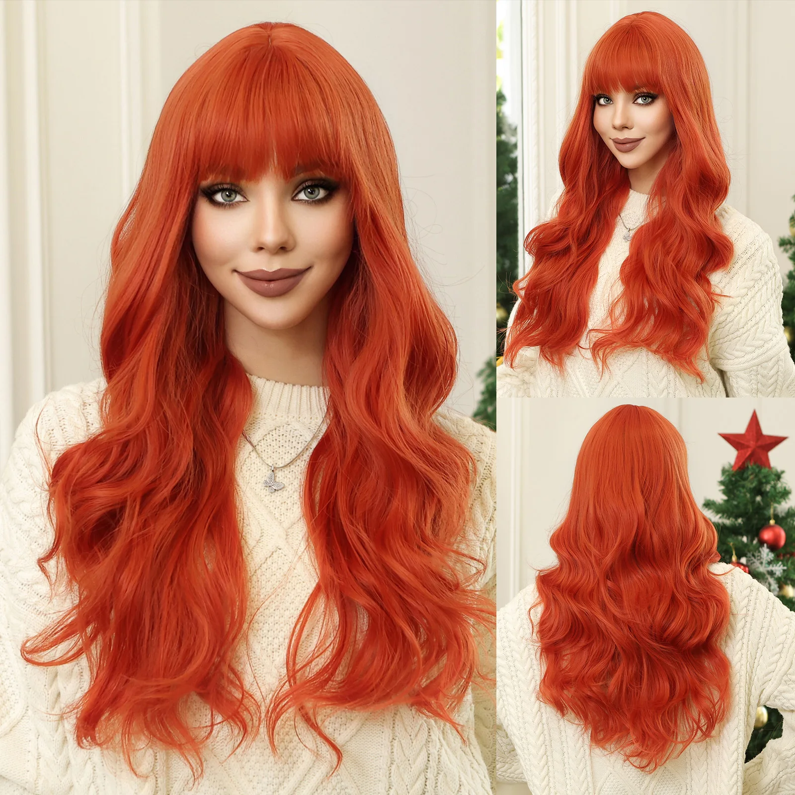 Orange Synthetic Wig Long Wavy Colorful Cosplay Wigs with Bangs Halloween Party Silky Wig Heat Resistant Natural Hair for Women