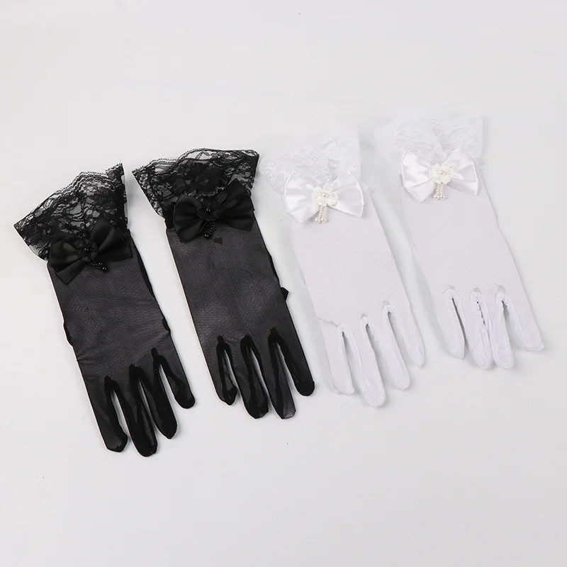Gloves Women Short Elastic Black Lace Mesh Ruffle Bow Halloween Bridal Wedding Dress Accessory Soft Stretchy Elegant Lightweight