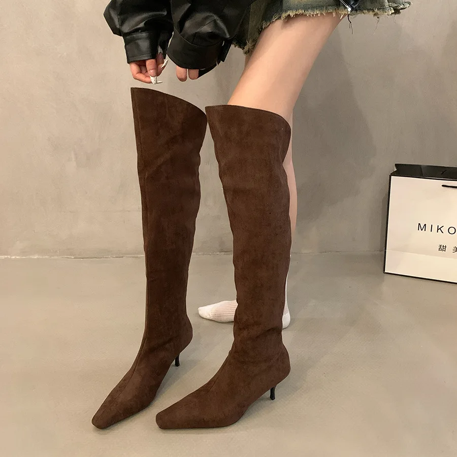 Flannel Small Square Toe Botas Largas De Mujer Over-The-Knee Slip On Stretch Slim Long Boots For Women Stiletto High Heels Retro