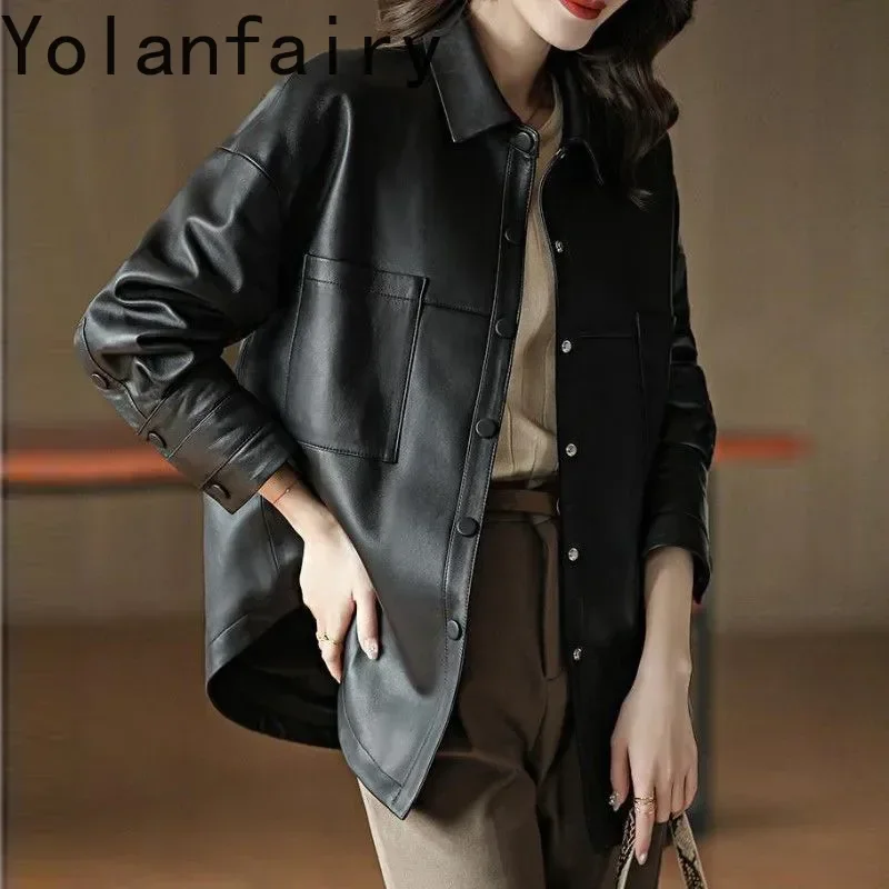 YOLANFAIRY Autumn Genuine Leather Jacket Women's Sheepskin Coat Female Mid Long Loose Korean Trench coat Куртка Женская Кожаная