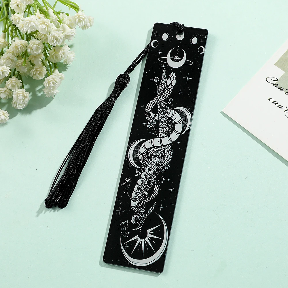 Black Snake Pattern Acrylic Bookmark Black Tassel Horror Atmosphere Book Page Decoration for Horror Fans Collections