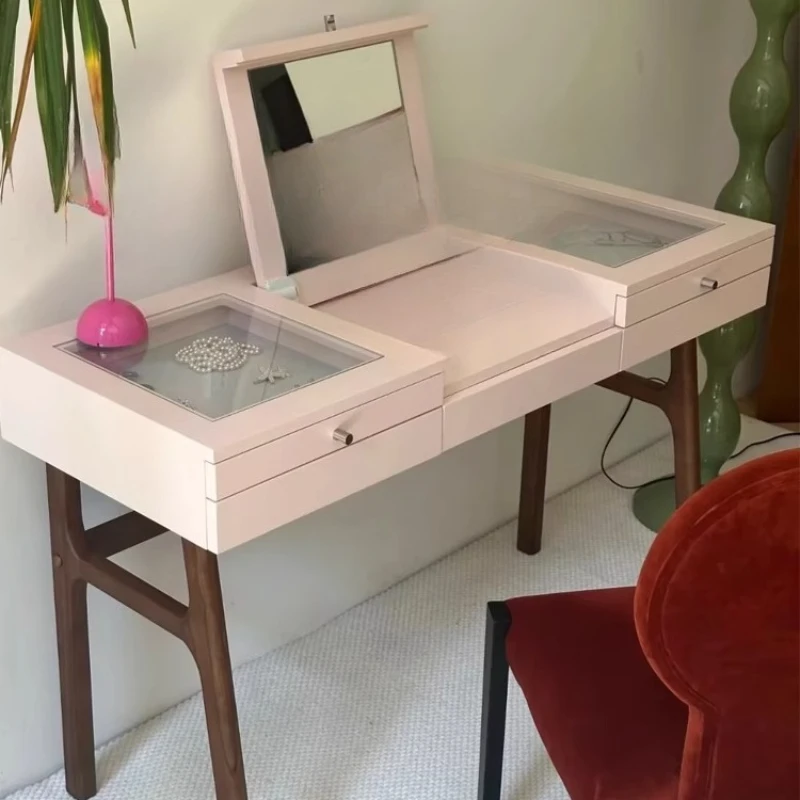 

Pink dresser solid wood bedroom table flip cover household makeup table