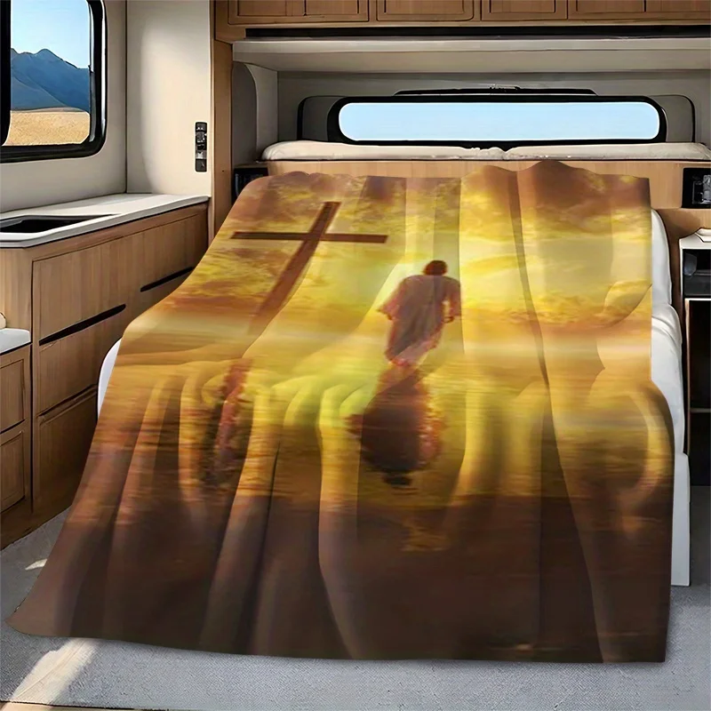 Jesus Walking on Water Blanket Soft Coral Fleece Throw Cozy Religious Gift for Sofa Camping RV