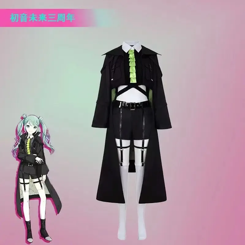 세컨드 애니버서리 프로젝트 세카이 컬러풀 스테이지 피트 비비드 배드 스쿼드 미쿠 의상 여성 롱 윈드브레이커 오픈 네이블 할로윈 가발