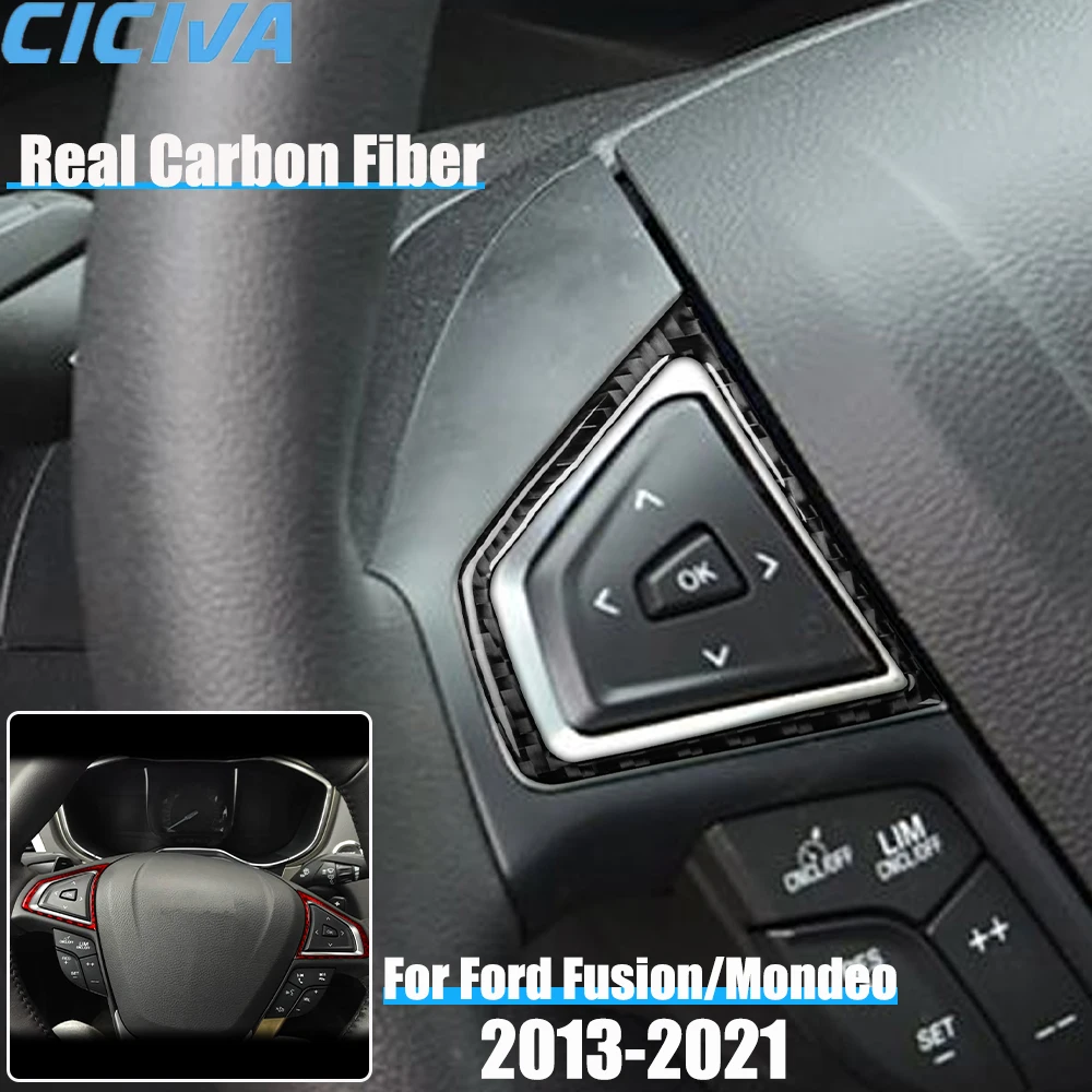 Real Carbon Fiber Car Accessories Steering Wheel Buttons Trim Cover Soft Sticker For Ford Fusion/Mondeo 4th Gen 2013-2021