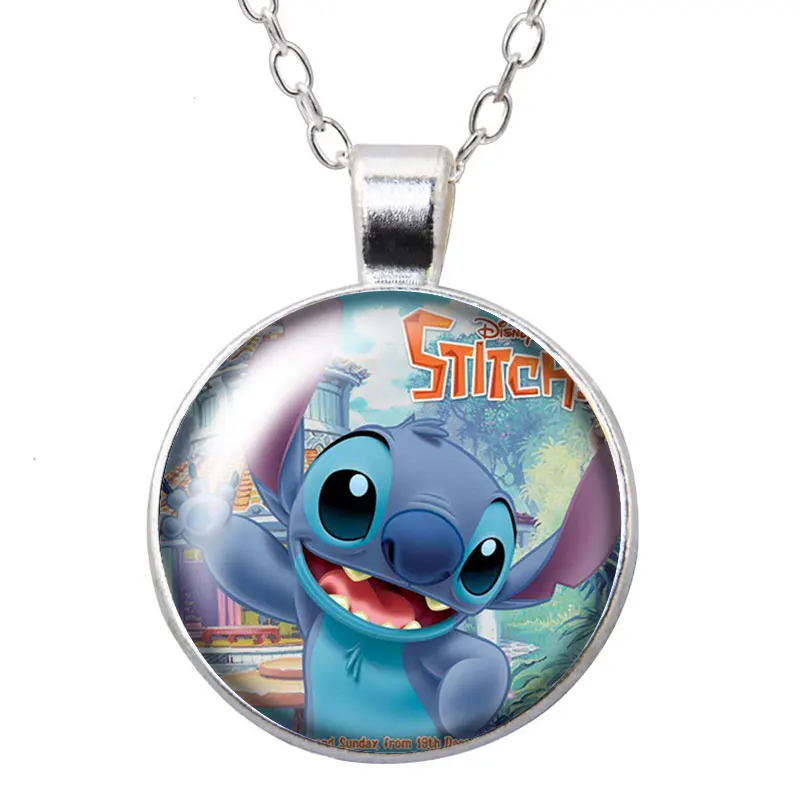 Disney Cartoon Cute Stitch Lilo Round Photo Glass cabochon collana con ciondolo placcato argento catena di gioielli regalo da 60cm