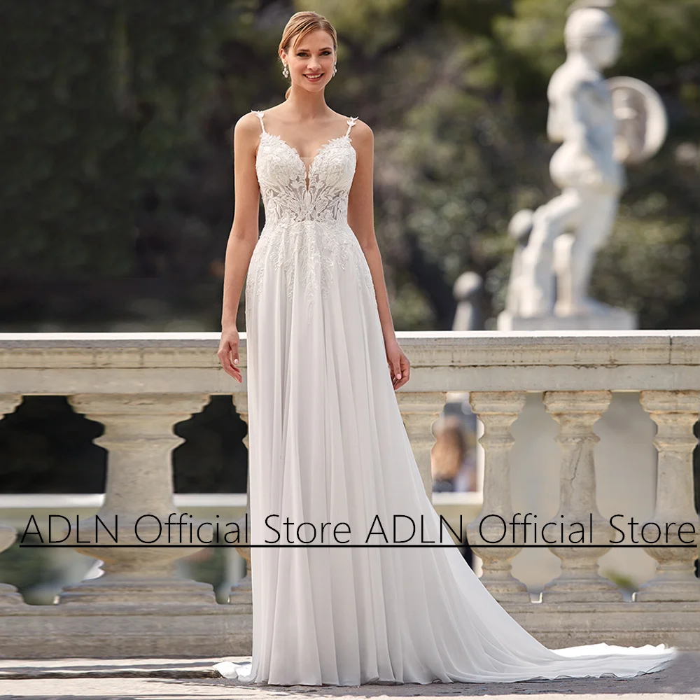 

Sexy Beach Wedding Dress Spaghetti Straps V Neck Beads Applique Sweep Train Backless Chiffon A Line Bridal Gown Robe Mariage