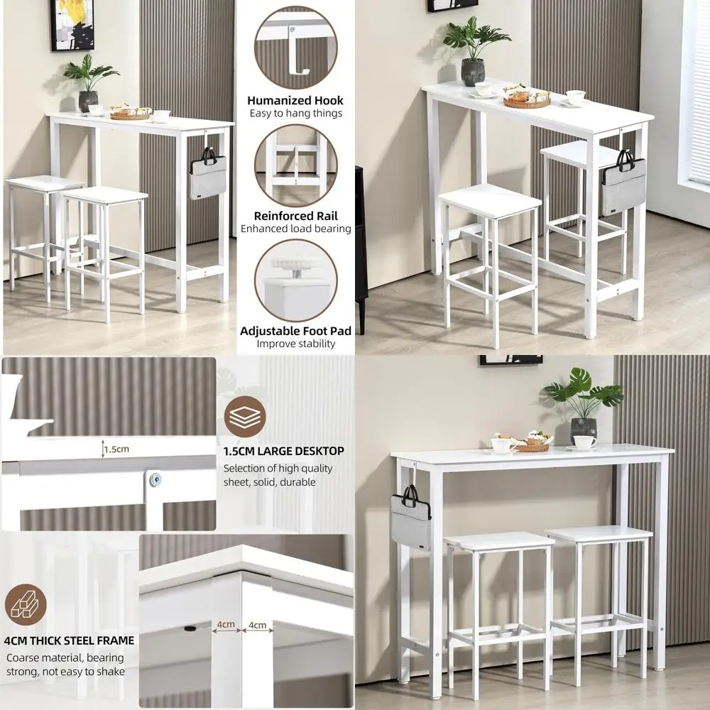 

47 Counter Height Bar Table Set with 2 Stools - Ideal for Small Spaces, Kitchen, Dining & Breakfast Nook - Metal and Wood, Space