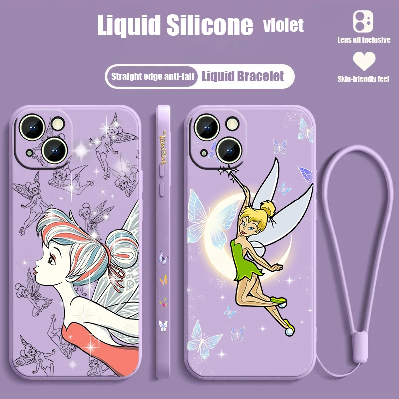 Tinkerbell Cute For Apple iPhone 15 14 13 12 11 XS XR X 8 7 Pro Max Plus Mini Liquid Left Rope Phone Case