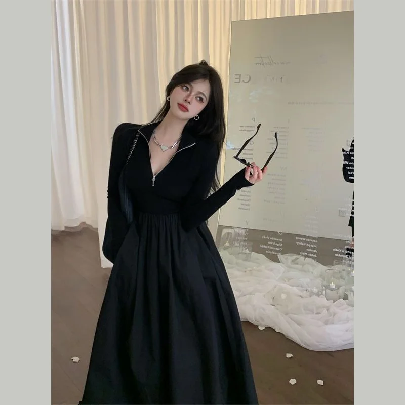 

Женское длинное платье больших размеров с длинными рукавами, облегающее, с пэчворком, с завышенной талией, осенне-зимнее, модное, в корейском стиле, А-силуэт