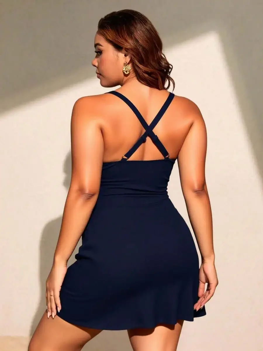 Traje de Baño de Talla Grande para Verano, Color Sólido, Espalda Cruzada, con Falda